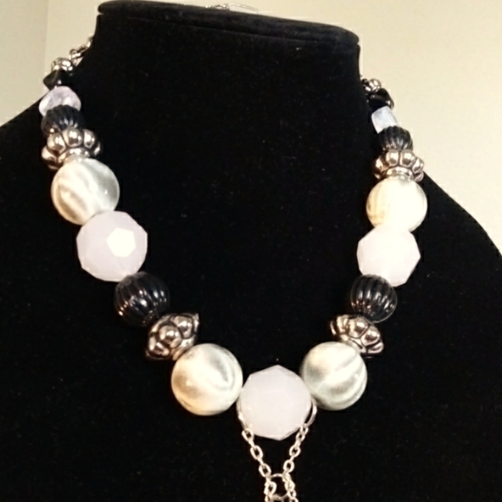 Frosted White & Black Beaded Charm Necklace